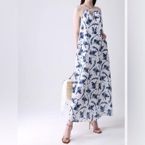 120% lino Floral Blue and White Maxi Dress Size 46